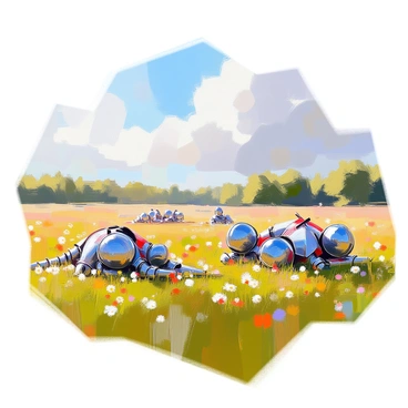 A historical battlefield scene depicting several fallen knights in shining armor, scattered across the ground. The knights are adorned with crests and intricate designs on their armor. Surrounding the battlefield, lush green fields stretch out under a clear blue sky. Wildflowers bloom among the grass, adding splashes of color to the landscape. In the distance, a line of trees borders the fields, enhancing the natural beauty of the setting. The atmosphere is somber yet tranquil, capturing the aftermath of a great conflict.