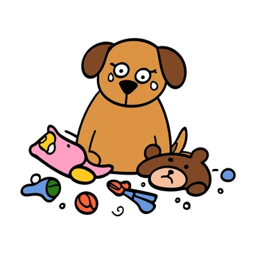 A puppy with light brown fur and big, sad eyes sits on the floor, looking up with tears glistening in its eyes. The puppy has floppy ears and a small nose, conveying a sense of vulnerability. In front of the puppy is a broken toy, a stuffed bear with one eye missing, lying on its side. There are various colorful toy pieces scattered around, emphasizing the puppy's sense of loss. The setting is cozy, with soft, warm lighting enhancing the emotional atmosphere.
