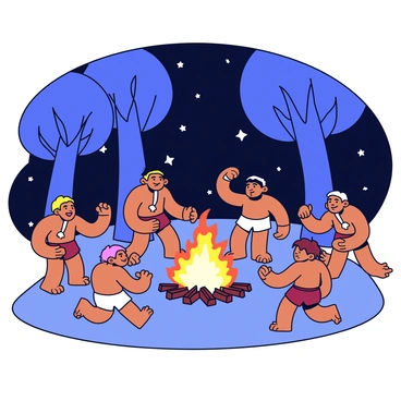 A group of Neanderthals gathered around a campfire in the center of a forest clearing. Some Neanderthals are dancing, their bodies in dynamic poses, reflecting movement and joy. Others are seated on the ground, playing simple drums made from animal skins. The campfire flickers with bright orange and yellow flames, casting warm light on their features. The surroundings are filled with tall trees and a dark night sky dotted with stars. Each Neanderthal is adorned in rough, natural clothing made from animal hides, showcasing their connection to nature.