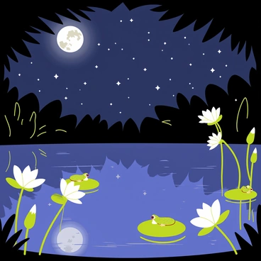 A pond with calm water reflecting the night sky filled with stars. The surface of the pond shows the delicate white blooms of moonflowers, their petals slightly open. Surrounding the pond, dark green foliage contrasts with the bright white flowers. A few frogs can be seen perched on lily pads, adding to the tranquil scene. The atmosphere is illuminated by the soft glow of the moon, casting gentle light over the pond and flowers.