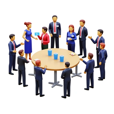 A group of professionals mingling at a networking event. Each person is wearing a name tag visibly attached to their clothing. Some individuals are exchanging business cards with one another. The setting features round tables, with drinks and snacks arranged on them. The attire of the professionals varies, showcasing a range of business suits and dresses. There is a sense of interaction, with many individuals engaging in conversations.