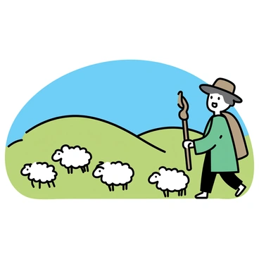 A shepherd, wearing a brown hat and a green jacket, is positioned in the foreground. He holds a wooden staff and is guiding a flock of fluffy white sheep. The sheep are scattered across a vibrant green meadow, some grazing while others are slightly clustered together. In the background, a few gentle hills rise, adding depth to the landscape. A clear blue sky stretches above, creating a serene atmosphere for the scene.
