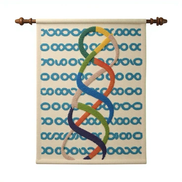A woven tapestry featuring a detailed depiction of "DNA polymerase" at work. The enzyme is illustrated as a dynamic structure with various colors representing its components. The background showcases an intricate pattern of "DNA sequences," symbolizing the double helix structure with alternating blue and green base pairs. Threads of vibrant colors create a sense of movement around the polymerase as it synthesizes the DNA strand, highlighting the complexity of the process. The overall composition of the tapestry combines scientific precision with artistic flair, making the interaction between the polymerase and DNA visually captivating.
