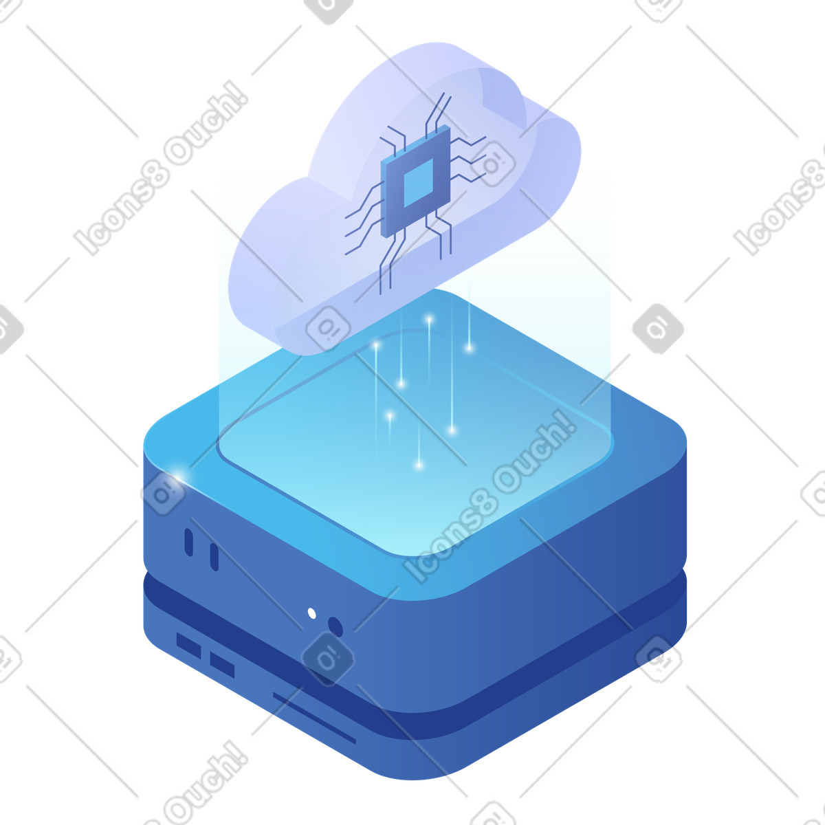 Cloud computing server with processor chip and data transfer illustrazione in stile Quantum scarica in PNG, SVG
