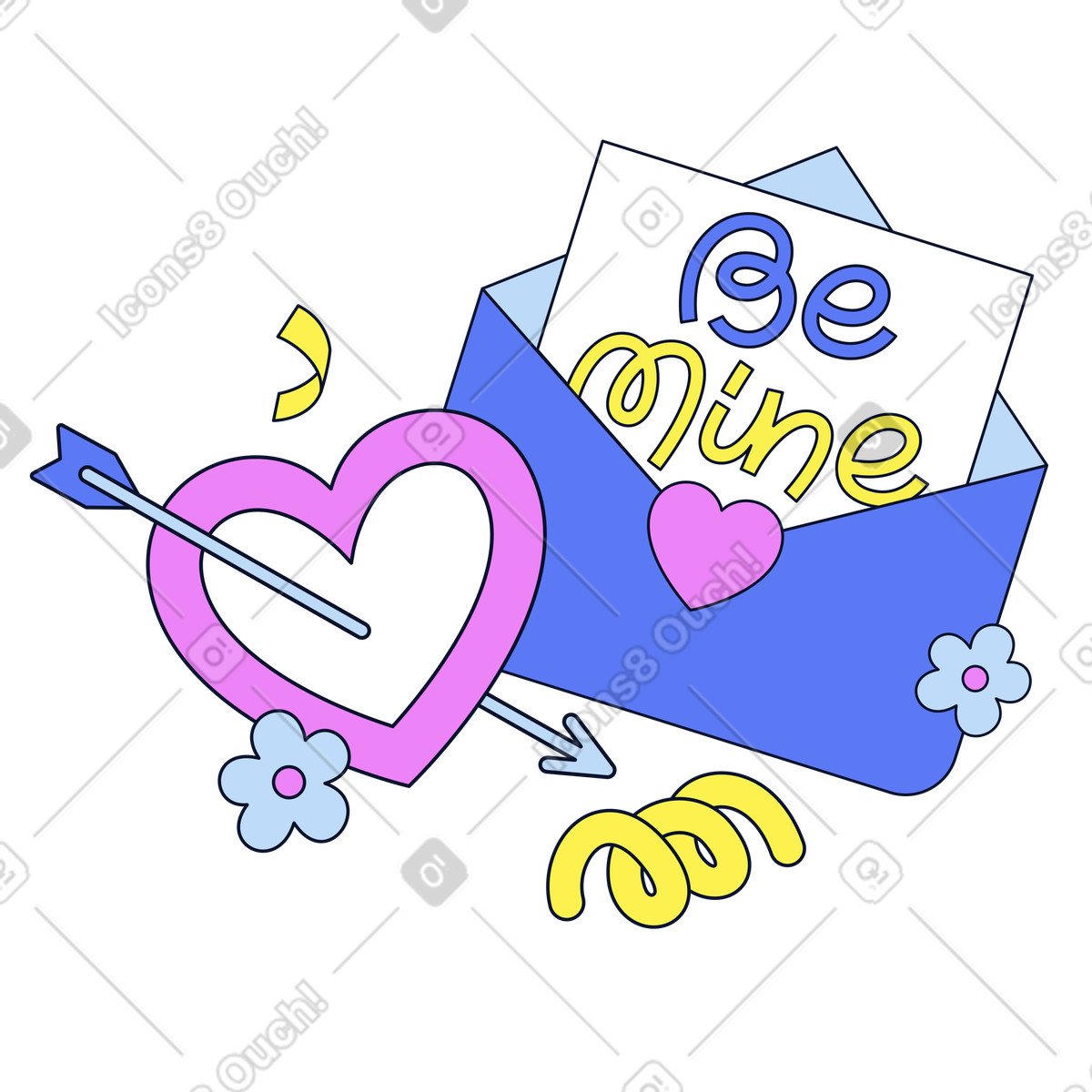 Ilustración Texto be mine en sobre y corazón perforado estilo Flexy a descargar PNG SVG