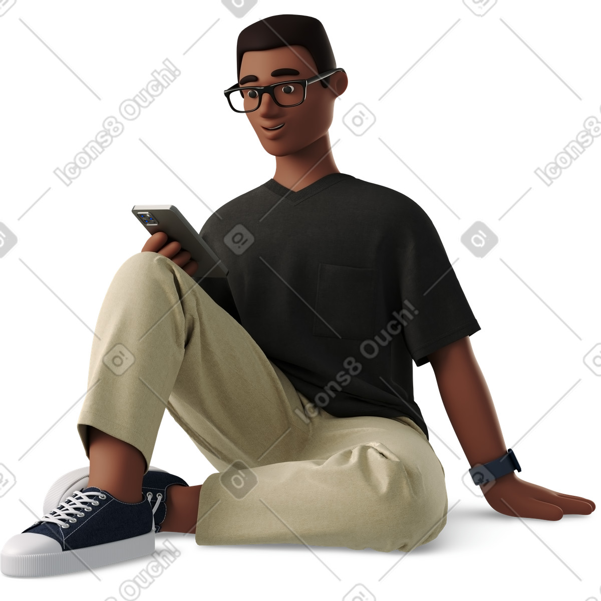 Young man in casual clothes sitting on the floor with phone illustration 3D Business style download PNG, SVG