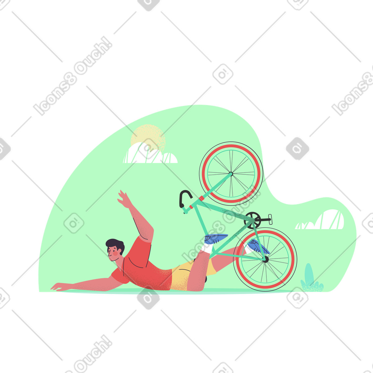 Cyclist falling off bike on green lawn, Sports injuries or fatal error illustrazione in stile Pale scarica in PNG, SVG