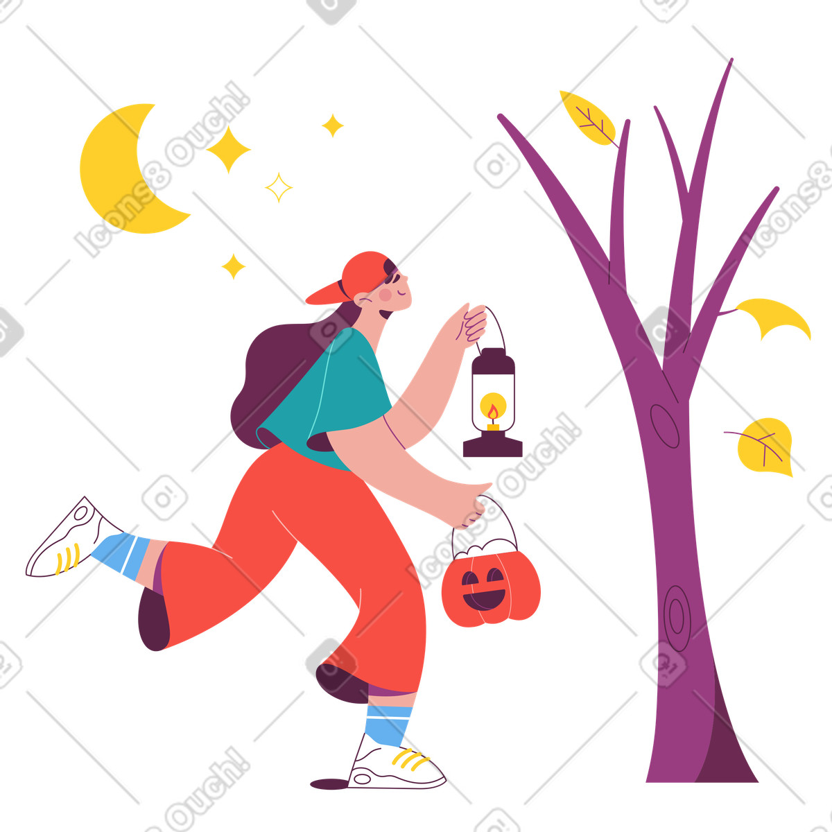 Ilustração de Mulher correndo com lanterna e cesta doces na noite halloween em no estilo Sammy para baixar em PNG, SVG