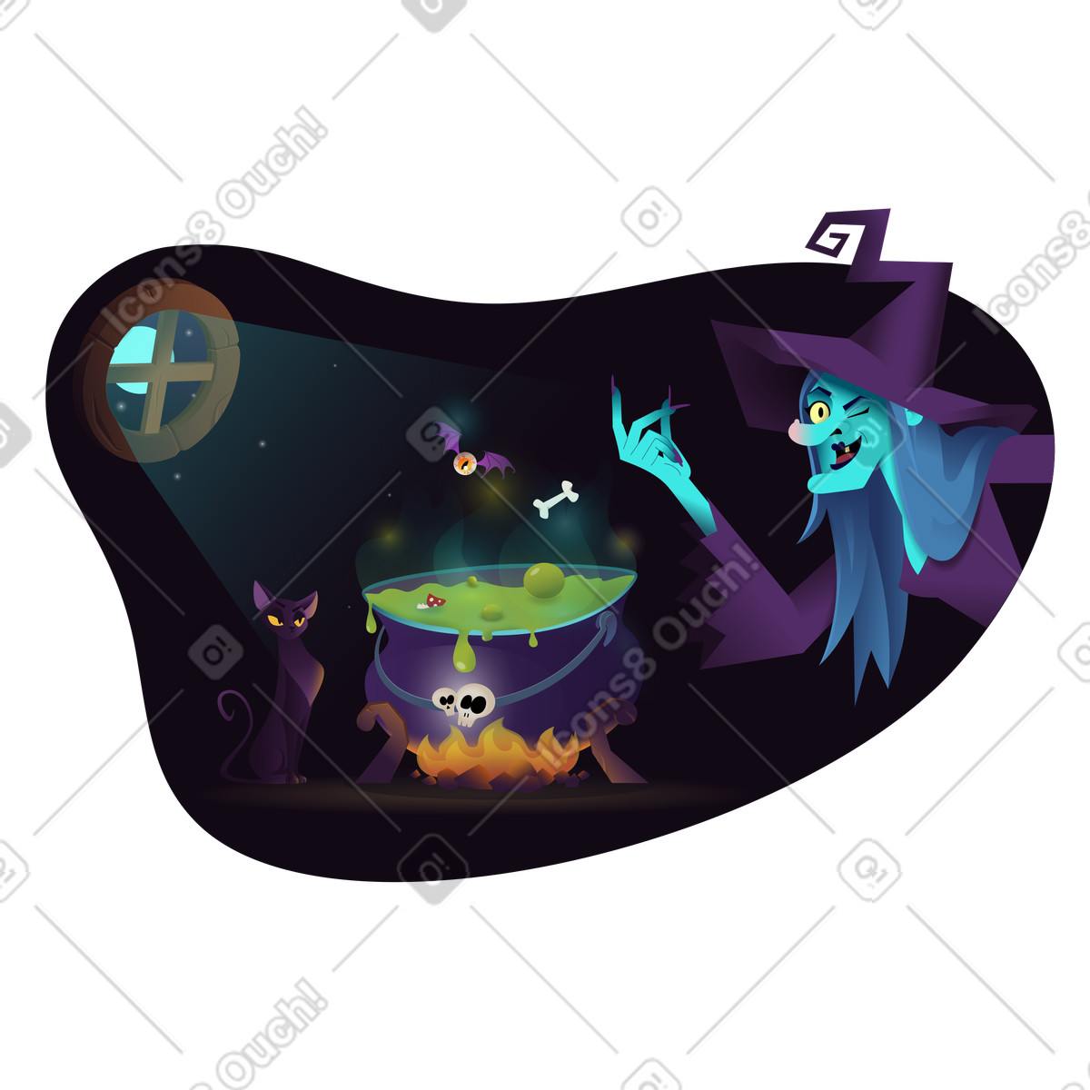 Hexe zaubert rund um den kessel animierte Illustration im Halloween Party-Stil als Download in GIF, Lottie (JSON), AE