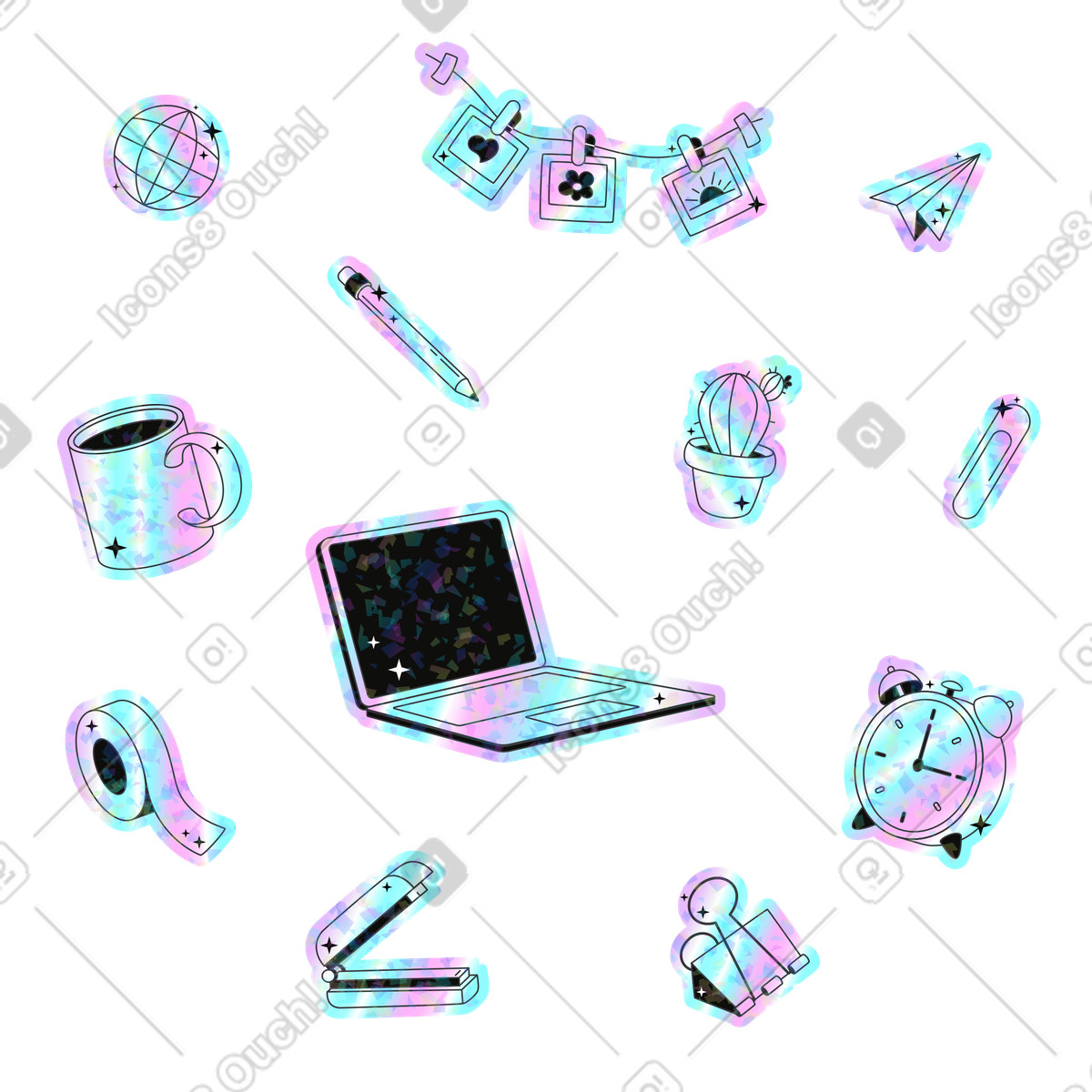 Ilustración Paquete de pegatinas oficina con ordenador portátil, taza y despertador en estilo Holostickers a descargar en PNG SVG