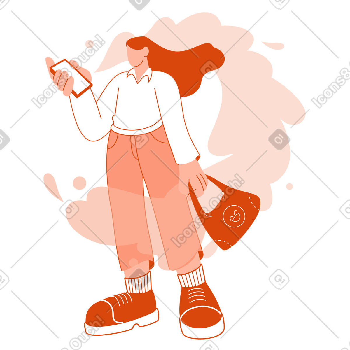 Person carrying tote bag and checking phone, city life street fashion-Illustration im Orange-Stil als Download in PNG, SVG