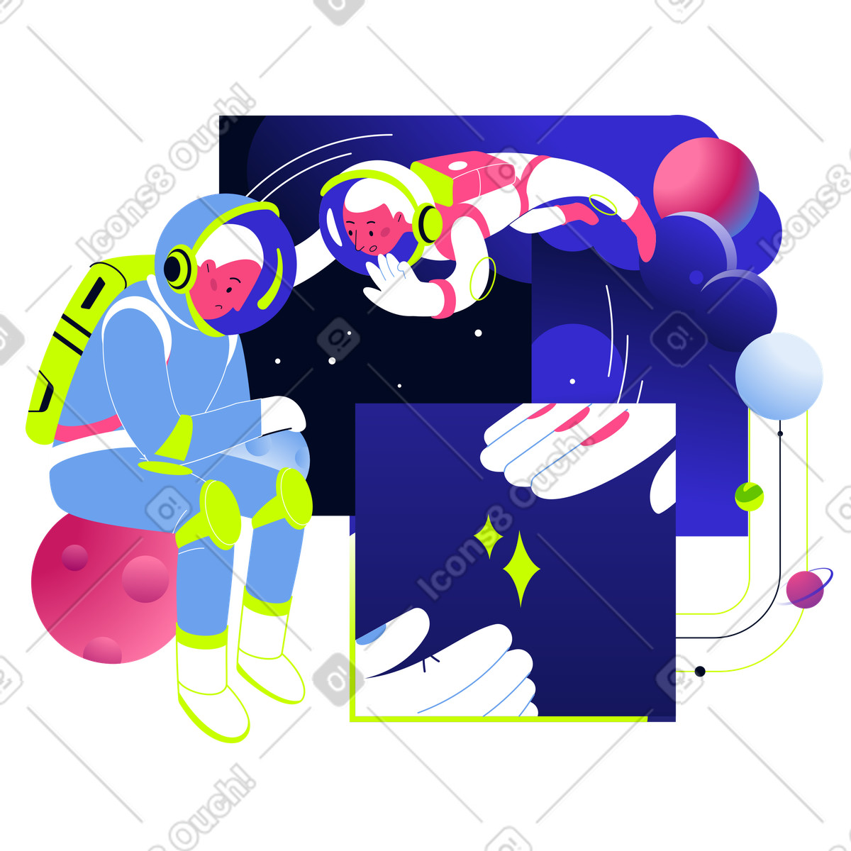 Space スタイルの Astronaut gives support to a sad colleague sitting on the moon のイラストをPNG、SVG形式でダウンロード