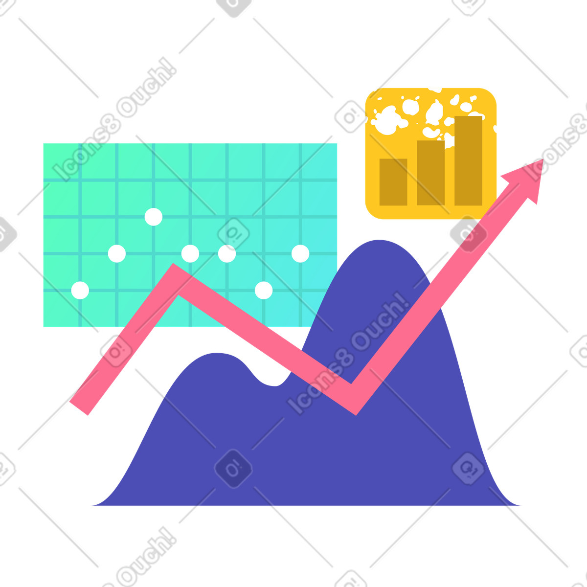 Graphs and arrow with data points, Market trends and insights illustration in Bright style download in PNG, SVG