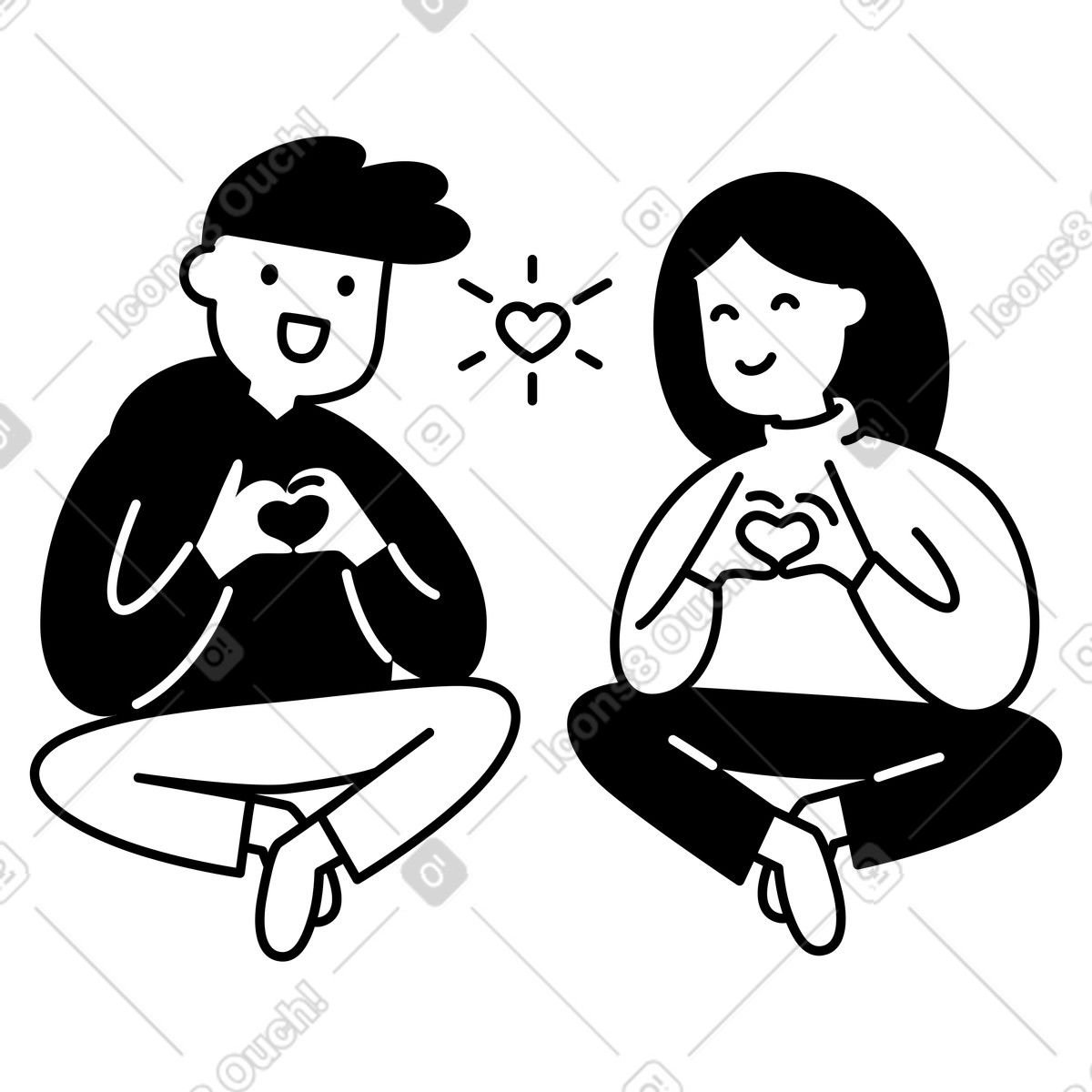 Ilustração de Couple sitting cross legged making heart hands gesture together em no estilo Notion Line Art para baixar em PNG, SVG