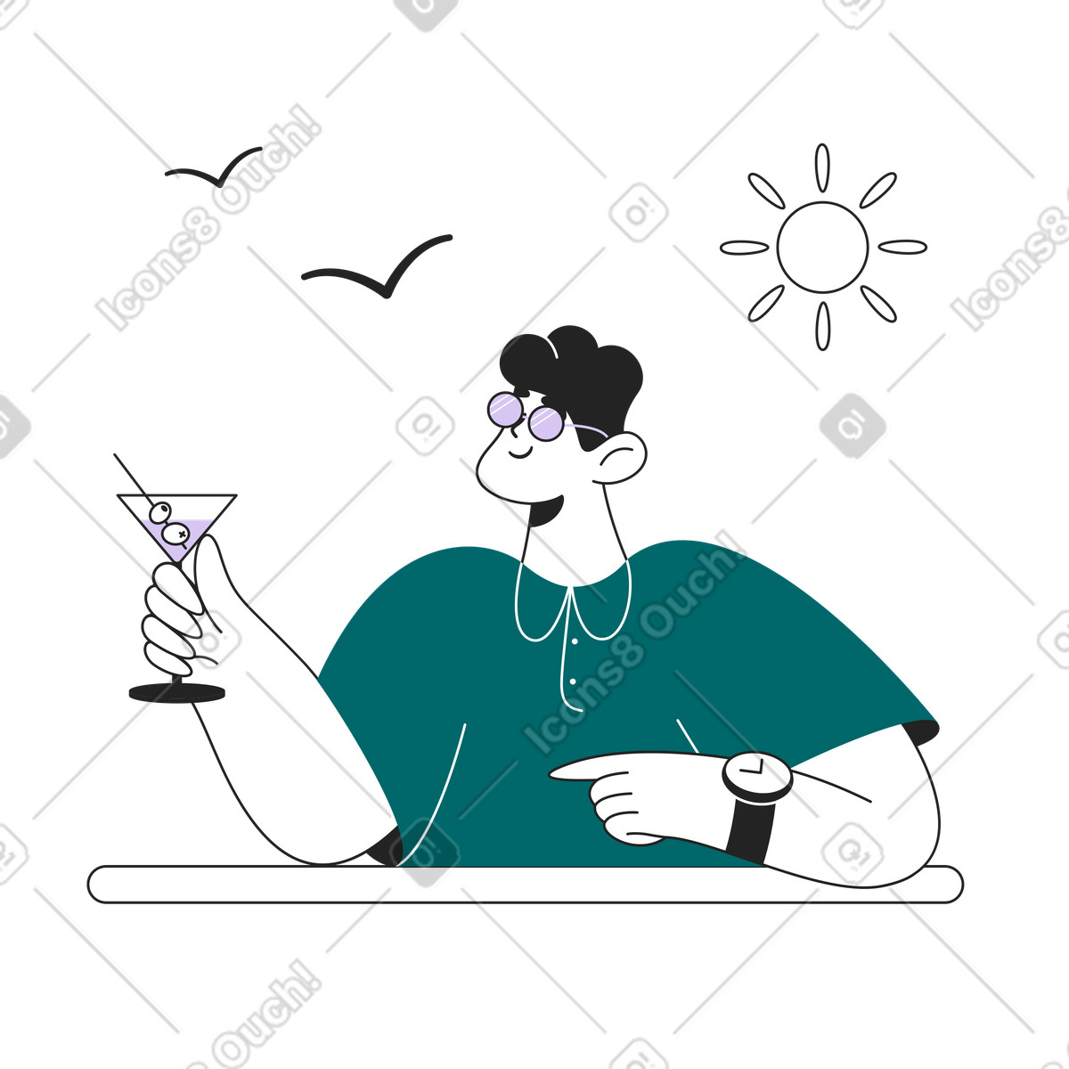 Illustration Guy relaxant avec un cocktail à la main dans le style Sammy Line télécharger aux formats PNG, SVG