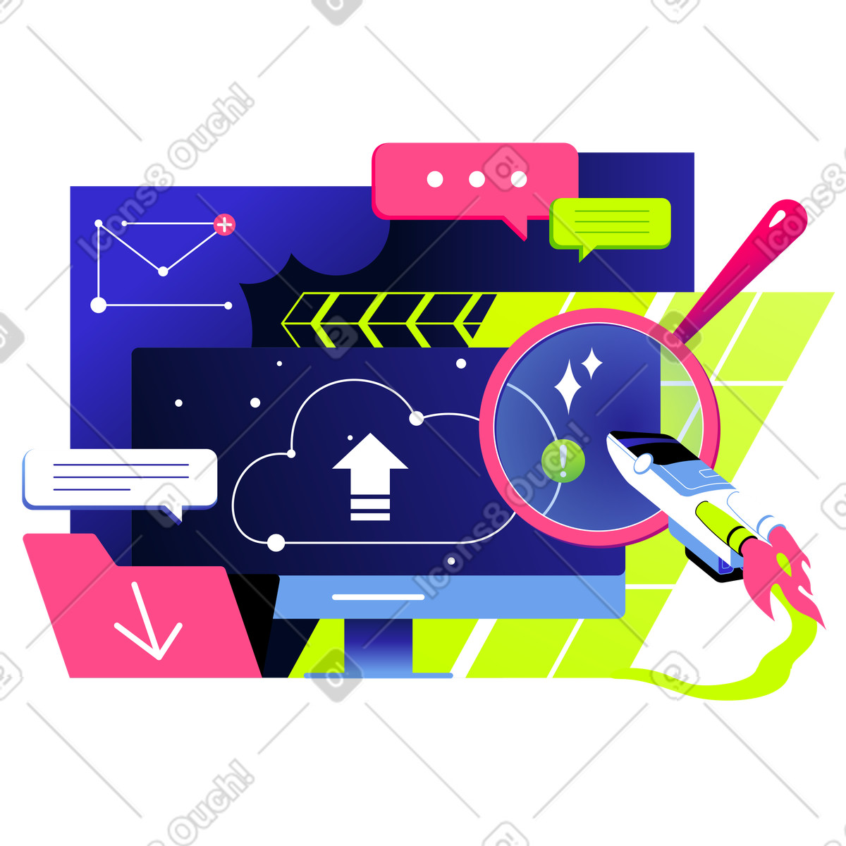 Illustration Digital document uploading workflow, File sharing and cloud storage dans le style Space à télécharger aux formats PNG, SVG