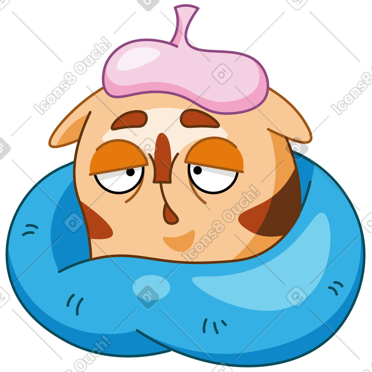 Sick cat sitting in a blanket with heat pad on head illustration Kitekat style download PNG, SVG