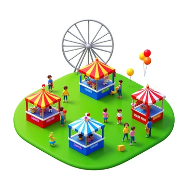 A carnival-style fair set in a vibrant grassy field. Colorful booths are arranged for each grade level, each decorated with bright banners and festive lights. Children are interacting at the booths, playing games and winning prizes. The atmosphere is filled with excitement as families stroll around, enjoying the various activities. Brightly colored balloons float in the air, adding to the cheerful environment. In the background, a Ferris wheel stands tall, further enhancing the carnival vibe.