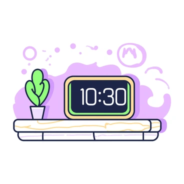 A sleek alarm clock is placed on a wooden nightstand. The clock features a minimalist design with a digital display showing the time in large numerals. The frame of the clock has a natural wood finish, highlighting the grain texture. The background includes a cozy bedroom setting with soft lighting, and a small potted plant sits next to the clock, adding a touch of greenery to the scene.