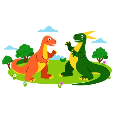 Two iguanodons are playfully sparring in a sunny clearing filled with green grass and scattered wildflowers. Both dinosaurs are depicted in dynamic poses, showing their strong limbs and long tails. One iguanodon is rearing back on its hind legs, its arms extended forward, while the other leans in with a playful expression, ready to engage. The background features lush trees with bright green leaves, completing the lively scene of these prehistoric creatures.