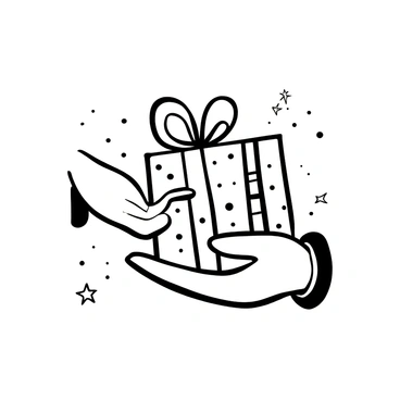 Two hands extending towards the viewer, holding a beautifully wrapped gift box adorned with a large ribbon bow on top. The box is elegantly decorated with intricate patterns. In the background, there are subtle hints of festive decorations, such as faint outlines of twinkling lights and small ornaments, creating a celebratory atmosphere.