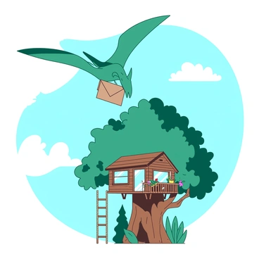 A teal pterodactyl is soaring gracefully through the sky, holding a small brown parcel in its beak. Below, a tall, whimsical treehouse made of wood and leaves rises among the trees, with a rope ladder hanging down. The treehouse features large windows and a balcony adorned with colorful flowers. The pterodactyl is approaching the treehouse, ready to deliver the mail, while a bright blue sky filled with a few fluffy white clouds forms the backdrop.