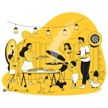 A family gathered in a backyard, happily cooking on a barbecue grill. There are several platters filled with grilled meats and vegetables on a table beside them. The family members include a father flipping burgers, a mother serving side dishes, and two children laughing and playing with each other. Nearby, there is a dartboard mounted on a wooden fence, with a few darts sticking into the board. The scene is lively, with summer greenery and outdoor lanterns hanging around the yard. A dog sits at their feet, watching eagerly for food scraps.