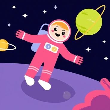 A "Polly Pocket" astronaut wearing a bright pink space suit is floating in a colorful outer space scene. The astronaut has a cheerful expression and is surrounded by a vast expanse of dark blue and purple space. Twinkling white stars scatter throughout the background. A vibrant green planet with rings and a yellow planet with craters are visible in the distance, adding to the cosmic environment. The scene exudes a sense of wonder and adventure in space.