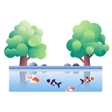 A serene poolside scene features a clear blue pool with koi fish swimming gracefully beneath the surface. The koi fish display vibrant colors of orange, white, and black. Surrounding the pool, tall green trees with lush foliage create a natural frame. The trees reflect beautifully in the calm water, enhancing the tranquil atmosphere. A few smooth stones line the edge of the pool, and a soft breeze causes gentle ripples on the water's surface.