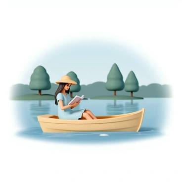 A woman, wearing a light blue sundress and a wide-brimmed straw hat, is sitting comfortably in a small wooden boat. She holds a book open in her lap, engrossed in reading. The boat is gently floating on a calm lake, with the water reflecting the clear blue sky. Surrounding the lake, lush green trees provide a serene backdrop. A light breeze causes small ripples in the water, while the woman's long hair flows softly in the wind.