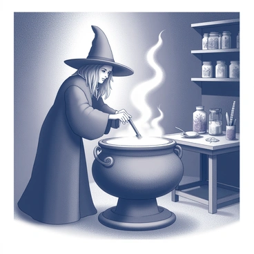 A witch stands in a dimly lit room, stirring a large, bubbling cauldron filled with various potions. The cauldron emits wisps of steam that curl up toward the ceiling. The witch, wearing a pointed hat and a long cloak, leans over the cauldron with focused intent. The surface of the cauldron reflects the swirling contents, hinting at a mix of intriguing ingredients. Around the cauldron, there are shelves lined with jars containing herbs and other magical components. A wooden table nearby supports an array of mystical tools and utensils.