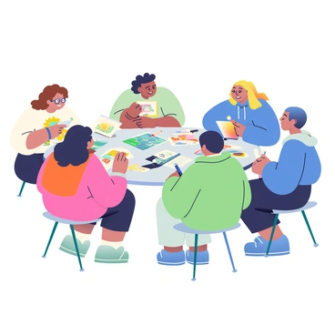 A group of five students is seated in a circle, engaged in a discussion about their illustrations. Each student has unique features; one has curly brown hair, wearing a t-shirt with a sunflower print, another has straight black hair and is wearing glasses, while a third student sports a short blonde hairstyle and a bright blue hoodie. In the center of the circle is a large table covered with various illustrations, some colorful and others in black and white. Each student holds their own illustration, pointing out specific details while listening to feedback from their peers. The atmosphere is focused, with notebooks and pens scattered around, suggesting an active critique session.