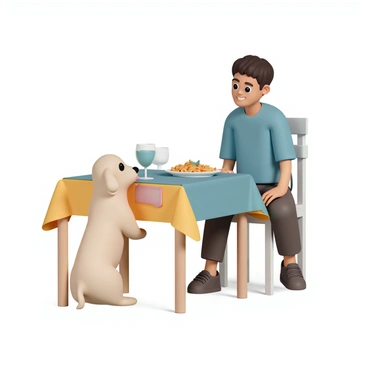 A small, fluffy beige dog with floppy ears is sitting on its hind legs beside a wooden dinner table. Its eyes are wide and expressive, fixed attentively on a plate of food in front of its owner. The dog’s tongue is slightly out, and it has an eager expression as it begs for a bite. The table is set with a colorful tablecloth, a plate of pasta, and a glass of water. The owner is a person wearing a blue shirt, seated at the table, looking down at the dog with a smile.