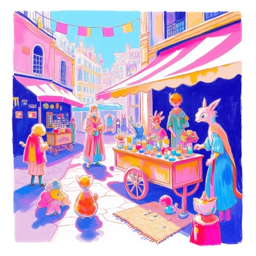 A bustling market scene is filled with various strange creatures. There is a tall, slender figure with iridescent skin selling colorful potions from a small wooden cart. Next to them, a round, furry creature with large eyes displays an array of shimmering stones on a woven mat. A group of small, winged beings flits about, carrying tiny trinkets and sparkling charms. In one corner, a reptilian vendor stands under a canopy, showcasing intricately designed magical items, including wands and enchanted books. Above, colorful banners flutter in the breeze, adding to the lively atmosphere.