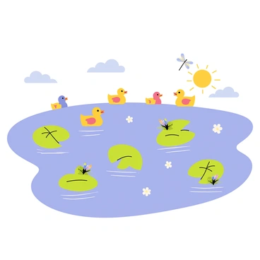 A serene lake with calm water reflecting blue skies. Colorful ducks are swimming and a few are floating near the shore. Green lily pads are scattered on the water's surface, and small frogs are perched on some of them. Dragonflies with iridescent wings zip around the lake, adding movement to the scene. The sun casts gentle light over the landscape, highlighting the natural beauty of the lake environment.