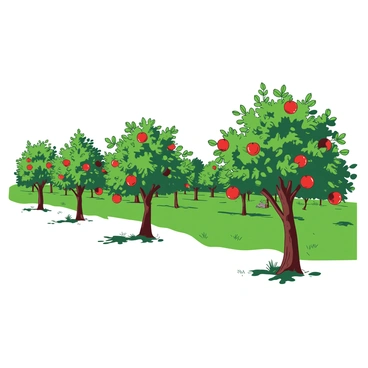 A row of green apple trees stands tall in a white orchard, their branches heavy with ripe red apples. The trees are neatly aligned, creating a sense of order and abundance. Sunlight filters through the leaves, casting soft shadows on the grassy ground below. In the distance, more rows of apple trees can be seen, all bearing vibrant red fruits ready for harvest. The scene captures the essence of a fruitful orchard in full bloom.