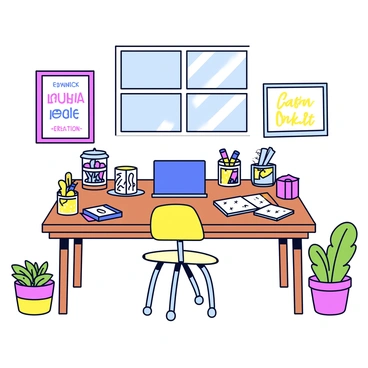 A creative workspace with a large wooden desk covered in colorful supplies. There are jars filled with vibrant markers, packs of sticky notes in various shades, and a sketchbook with doodles. The walls are adorned with framed "inspirational quotes" in different fonts and colors. A comfortable chair sits in front of the desk, and a few potted plants add a touch of greenery to the space. Natural light floods the room through a window, creating a bright and inviting atmosphere.