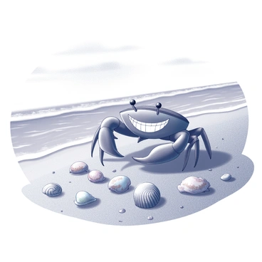 A crab with a large, cheerful grin is seen scuttling along the shoreline. It is actively collecting shiny seashells, each reflecting the light of the sun. The crab has prominent claws, which it uses to grasp the colorful shells scattered across the sand. The shoreline is textured with fine grains of sand and small pebbles, while gentle waves lap at the edges, creating a dynamic scene of interaction between the crab and its environment. The sky above is clear, with a few wispy clouds adding depth to the atmosphere.
