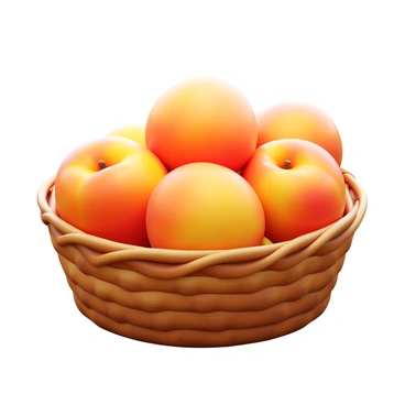 A 3D icon of a woven basket filled with ripe, juicy peaches. The peaches are in various shades of orange and yellow, with a slight sheen indicating their freshness. The basket is placed on a wooden surface, showcasing the texture of the wood. Light reflects off the surface of the peaches, enhancing their vibrant colors. Some peaches are resting against each other, while others are nestled in the basket's lining. The background is softly blurred, focusing attention on the basket and the peaches within.
