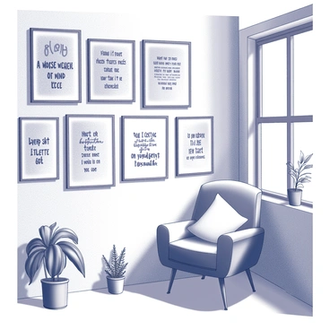 A wall adorned with multiple affirmations related to childbirth. Each affirmation is framed, featuring a variety of fonts and designs that convey a sense of positivity and encouragement. The wall space is filled with different textures, such as soft fabrics and wooden elements, to create a calming atmosphere. There is a cozy chair placed nearby, and various plants in pots are scattered around, enhancing the serene environment of the workspace. Sunlight filters through a nearby window, casting gentle shadows on the wall and the surrounding area.