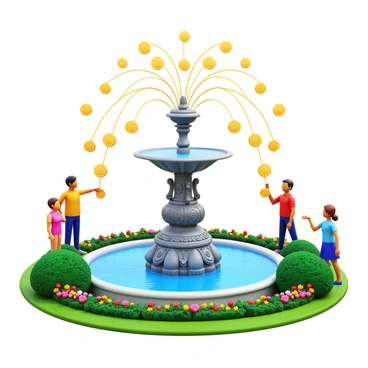 A decorative fountain in a park, featuring intricate designs and carvings. The fountain sprays streams of shiny coins instead of water, glistening in the sunlight as they arc through the air. Surrounding the fountain, there are lush green shrubs and colorful flower beds, adding vibrancy to the scene. People nearby are observing the unique fountain, with some reaching out to catch the coins as they fall. The scene captures a lively and enchanting atmosphere.