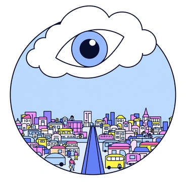 A large eye with a detailed iris and a prominent pupil, floating above a busy cityscape. The eye is surrounded by soft clouds that partially obscure it, allowing the focus to remain on the eye. Below, a crowded city filled with colorful buildings, bustling streets, and tiny figures of people going about their day. The setting is bright, suggesting a clear blue sky and a sunny atmosphere.