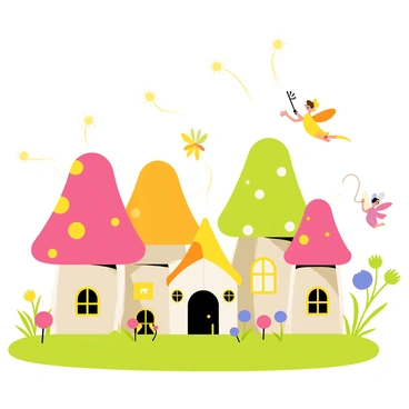 A tiny village inhabited by fairies, featuring several whimsical mushroom houses with brightly colored caps. The houses are adorned with glowing windows and little doors. Fireflies illuminate the scene, casting soft lights that twinkle around the village. Various fairies with delicate wings are seen flying and interacting with their surroundings. Lush green grass surrounds the mushroom homes, and tiny flowers bloom throughout the village, adding pops of color.
