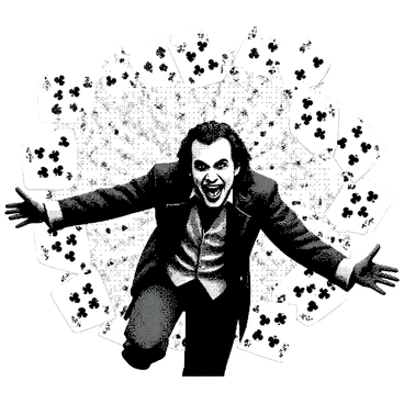 A joker card is positioned prominently in the foreground, with its face side visible, showcasing the intricate design. The joker is animated, with arms outstretched and a mischievous expression, as if it is ready to leap off the card. Around it, several regular playing cards scattered are flying through the air, with some tilted and others face down. The background consists of a deck of cards arranged chaotically, some overlapping each other, contributing to the sense of playful disarray.