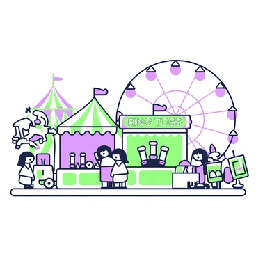 A carnival scene is set on a long board with various rides and attractions. The Ferris wheel towers in the background, adorned with colorful lights. To the left, a carousel spins with intricately designed horses. In the foreground, a game booth features a bright sign that reads "Ring Toss," with stacked bottles waiting to be knocked over. A group of children is gathered around the booth, eyes wide with excitement. Vendors are stationed nearby, selling popcorn and cotton candy, with their carts decorated. The atmosphere is lively, filled with the sounds of laughter and cheers from visitors enjoying the attractions.