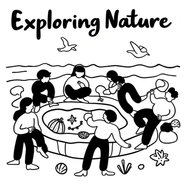 A group of students crouched down around a rocky tide pool, peering at various sea creatures inside. Some students are using magnifying glasses to closely observe starfish and sea anemones. A few students are kneeling, reaching in to touch the slippery surface of a sea cucumber. In the background, small waves crash gently against the rocks, and seagulls can be seen flying overhead. There are scattered seashells and pieces of seaweed around the tide pool, adding to the marine atmosphere. The words "Exploring Nature" are prominently displayed above the scene.