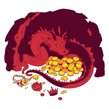 A red dragon with shimmering scales is curled protectively around a pile of golden coins and glittering jewels in a dark cave. The dragon's fierce eyes glow with an orange hue, reflecting the dim light from the shimmering treasure. The cave walls are rugged and jagged, partially illuminated by the glimmering gold and jewels scattered across the ground. The treasure includes ornate crowns and intricate necklaces nestled among the coins, providing a rich contrast against the dark surroundings.