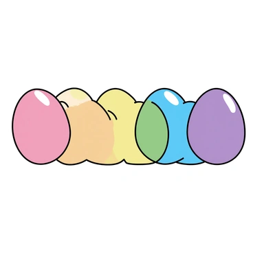 A series of eggs, each one smoothly transitioning from red to orange, then to yellow, followed by green, blue, indigo, and finally violet. The eggs are arranged in a straight line, showcasing the gradient of colors in a seamless flow. Each egg has a glossy surface, reflecting light subtly, enhancing the vibrant colors. The background is plain to emphasize the rainbow effect created by the arrangement of the eggs.