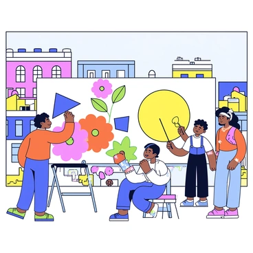 A large mural covers a wall in a vibrant Toronto neighborhood. Several artists are actively collaborating on the mural, each working on different sections. One artist is painting bright flowers in orange and pink hues, while another is adding geometric shapes in blue and green. A third artist is sketching a large sun in yellow. The artists are wearing casual clothing and have paint splatters on their hands. A crowd of onlookers gathers nearby, observing the creative process with interest. Colorful buildings and street art are visible in the background, capturing the lively atmosphere of the neighborhood.