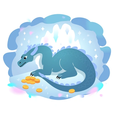 A majestic dragon with iridescent scales is resting in its treasure-filled cave. The dragon's wings are folded tightly against its body, showcasing intricate patterns on its scales. The cave is illuminated by the glow of sparkling gemstones, creating a shimmering effect on the walls. Piles of gold coins and glittering jewels are scattered around, reflecting the light and enhancing the enchanting atmosphere. Stalactites hang from the ceiling, while the ground is littered with treasures, creating a rich and vivid scene.